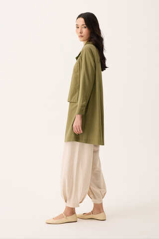 Çift Yaka Keten Gömlek Haki - 9