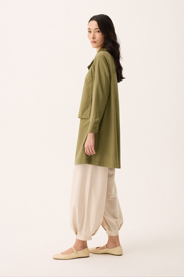 Çift Yaka Keten Gömlek Haki - 9