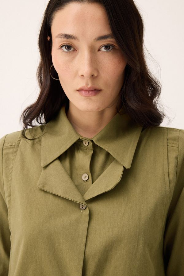 Çift Yaka Keten Gömlek Haki - 6