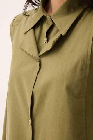 Çift Yaka Keten Gömlek Haki - 8