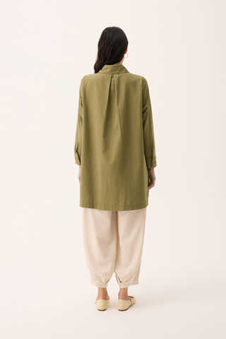 Çift Yaka Keten Gömlek Haki - 12