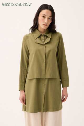 Çift Yaka Keten Gömlek Haki - 1