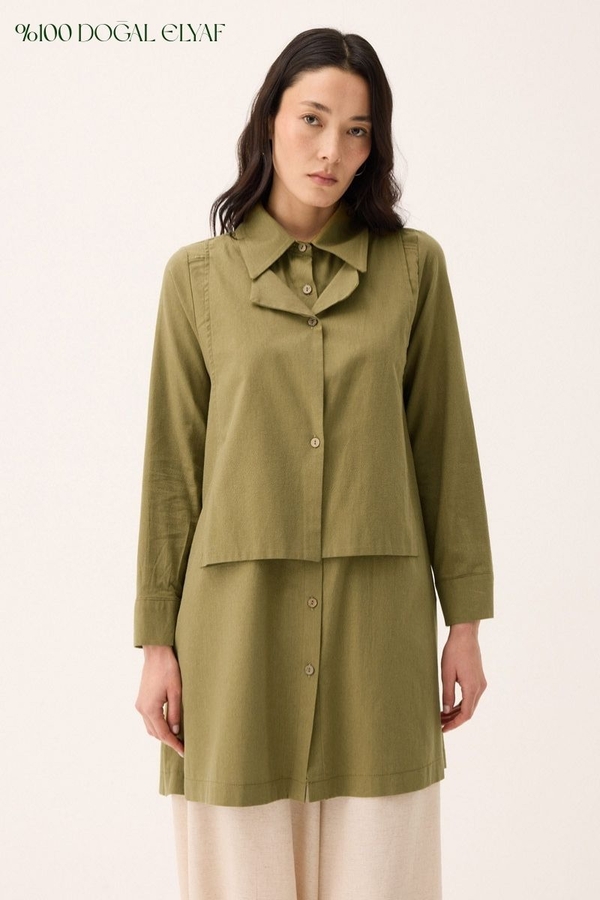 Çift Yaka Keten Gömlek Haki 