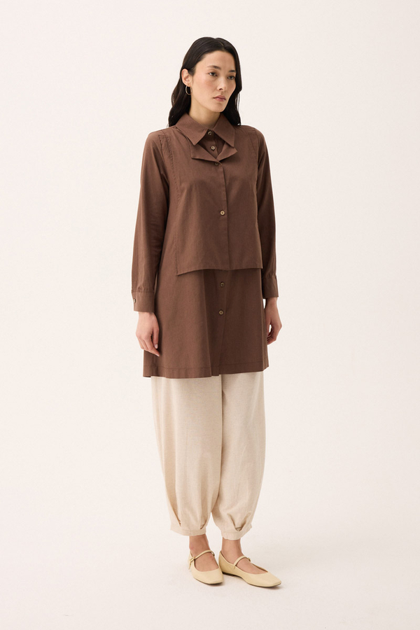 Çift Yaka Keten Gömlek Kahverengi - 3