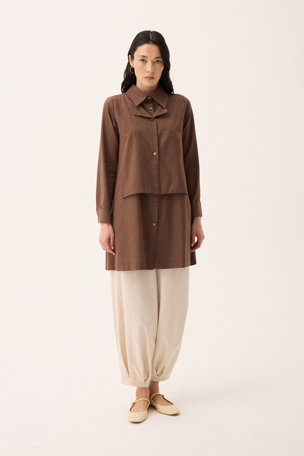 Çift Yaka Keten Gömlek Kahverengi - 5