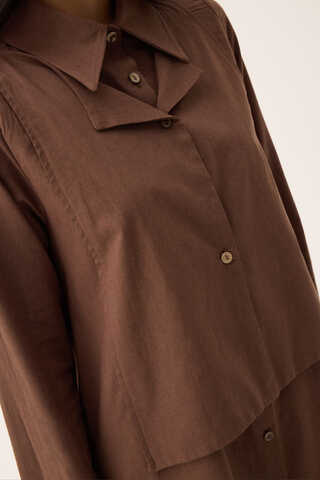 Çift Yaka Keten Gömlek Kahverengi - 8