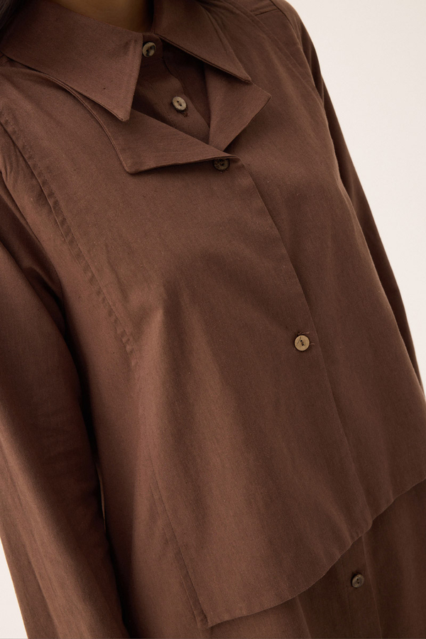 Çift Yaka Keten Gömlek Kahverengi - 8