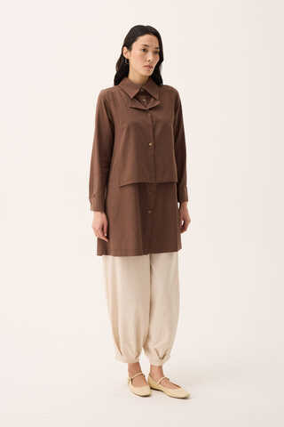 Çift Yaka Keten Gömlek Kahverengi - 3