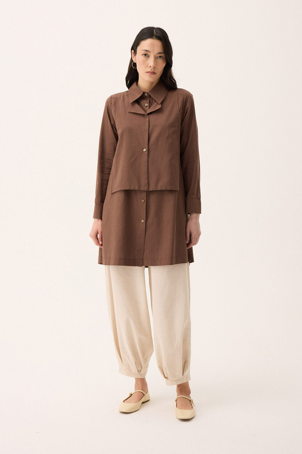 Çift Yaka Keten Gömlek Kahverengi - 7
