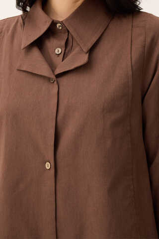 Çift Yaka Keten Gömlek Kahverengi - 6