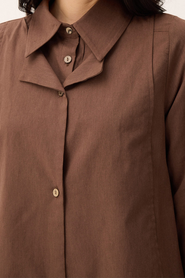 Çift Yaka Keten Gömlek Kahverengi - 6