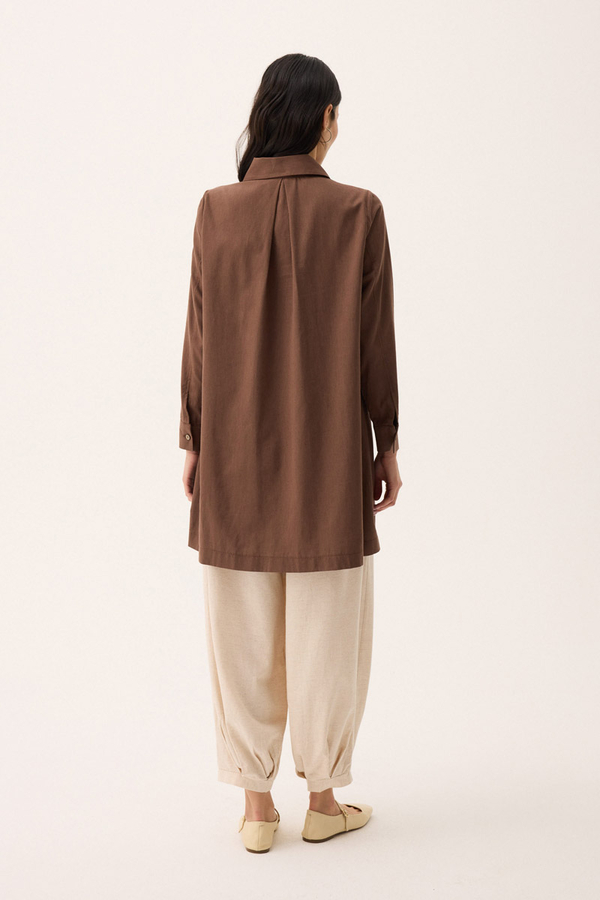 Çift Yaka Keten Gömlek Kahverengi - 14