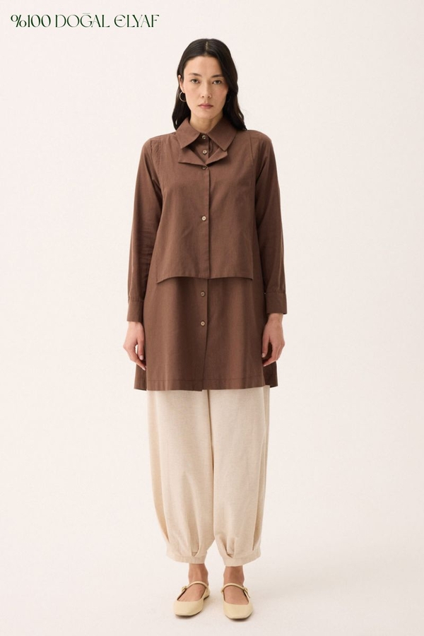 Çift Yaka Keten Gömlek Kahverengi - 1