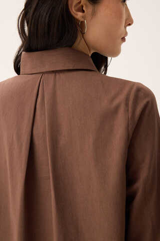 Çift Yaka Keten Gömlek Kahverengi - 12