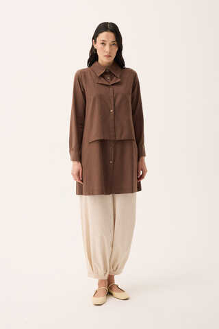 Çift Yaka Keten Gömlek Kahverengi - 5