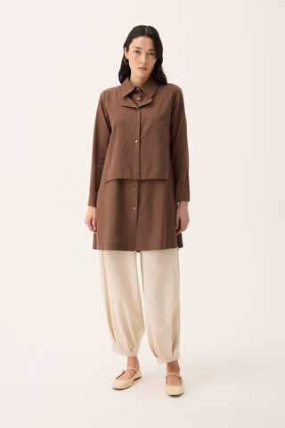 Çift Yaka Keten Gömlek Kahverengi - 7