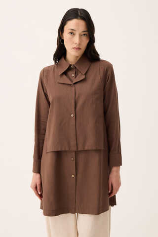 Çift Yaka Keten Gömlek Kahverengi - 2