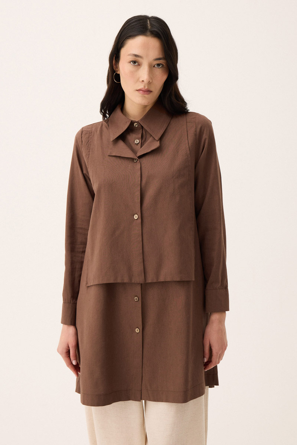 Çift Yaka Keten Gömlek Kahverengi - 2