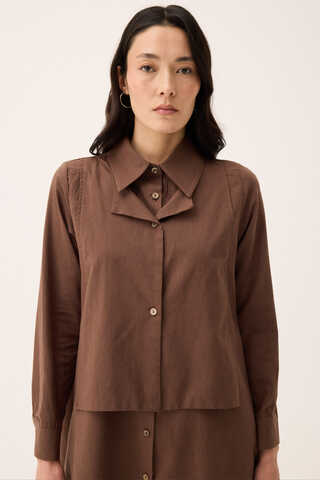 Çift Yaka Keten Gömlek Kahverengi - 4