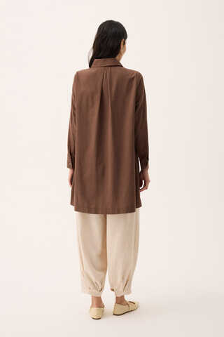 Çift Yaka Keten Gömlek Kahverengi - 14