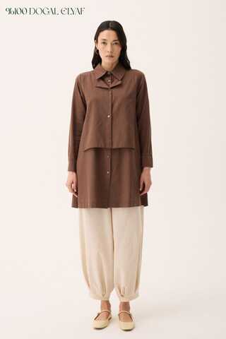 Çift Yaka Keten Gömlek Kahverengi - 1