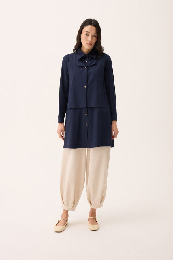 Çift Yaka Keten Gömlek Lacivert - 3