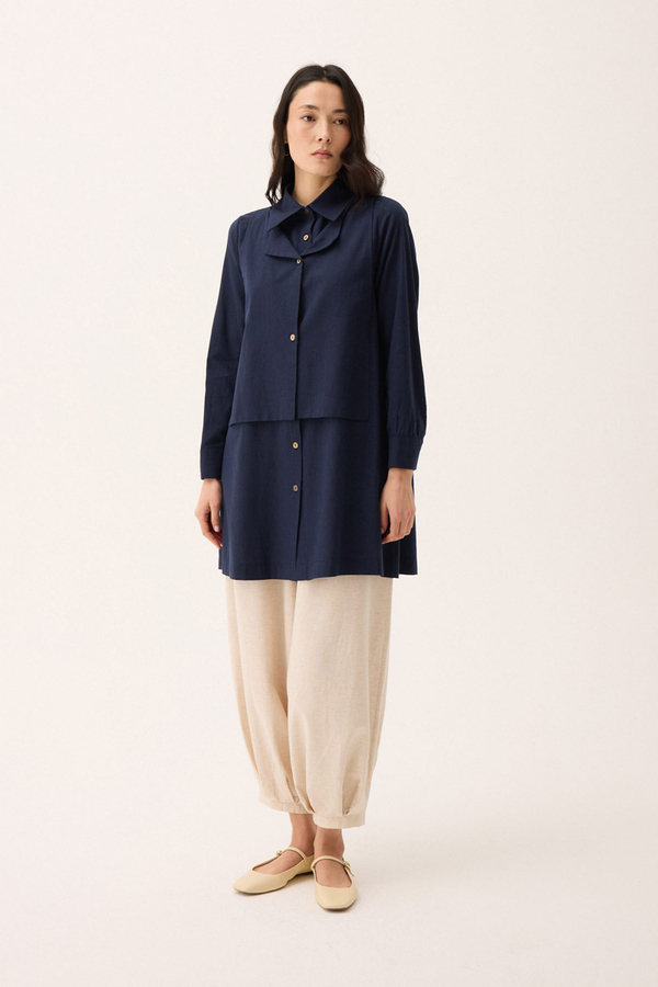 Çift Yaka Keten Gömlek Lacivert - 5