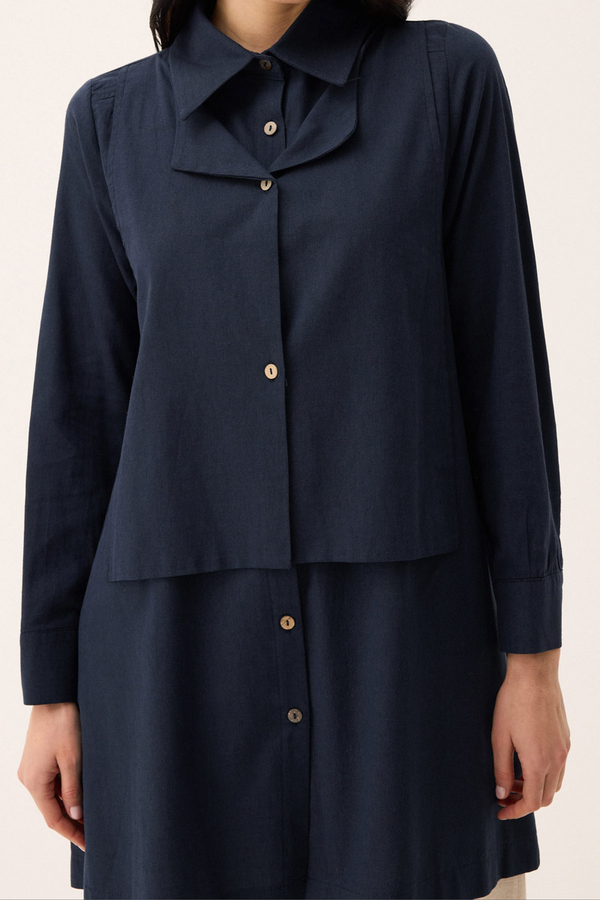 Çift Yaka Keten Gömlek Lacivert - 2