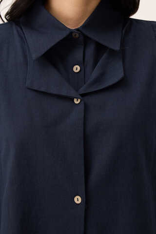 Çift Yaka Keten Gömlek Lacivert - 6