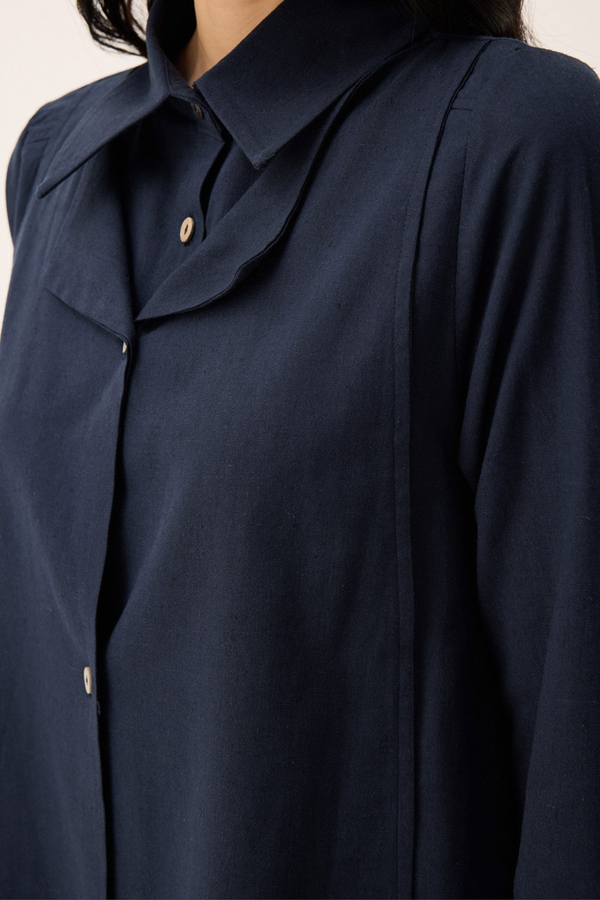 Çift Yaka Keten Gömlek Lacivert - 4