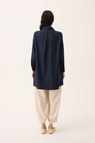 Çift Yaka Keten Gömlek Lacivert - 12