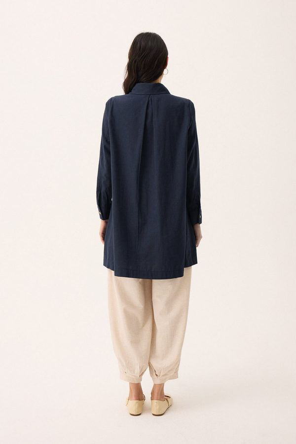 Çift Yaka Keten Gömlek Lacivert - 12