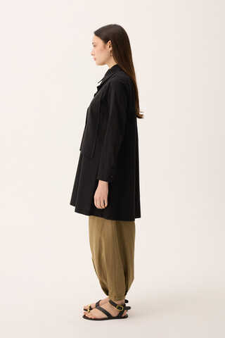 Çift Yaka Keten Gömlek Siyah - 5