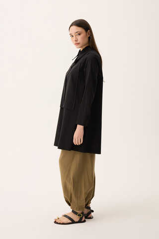 Çift Yaka Keten Gömlek Siyah - 7