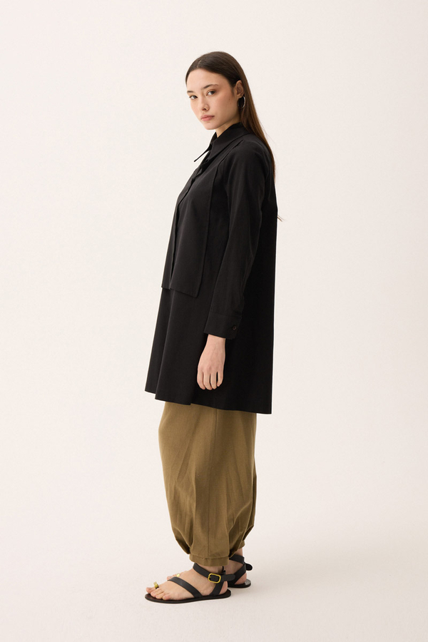 Çift Yaka Keten Gömlek Siyah - 7