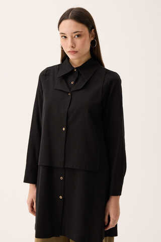 Çift Yaka Keten Gömlek Siyah - 3