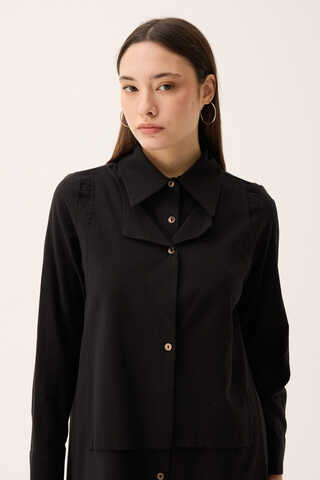 Çift Yaka Keten Gömlek Siyah - 6