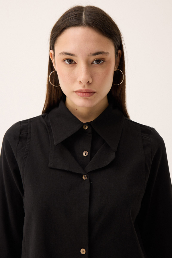 Çift Yaka Keten Gömlek Siyah - 8