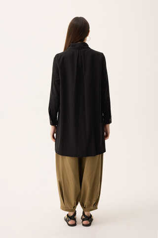 Çift Yaka Keten Gömlek Siyah - 14