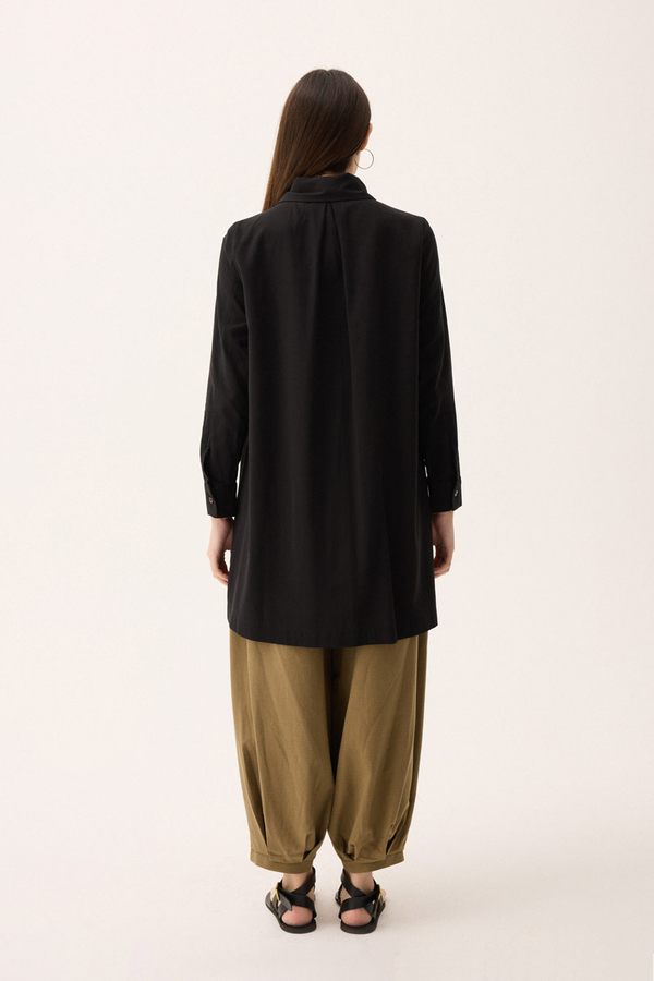 Çift Yaka Keten Gömlek Siyah - 14