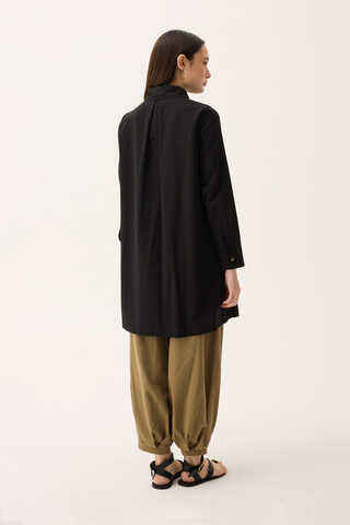 Çift Yaka Keten Gömlek Siyah - 13