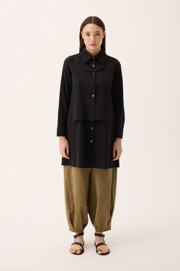 Çift Yaka Keten Gömlek Siyah - 9