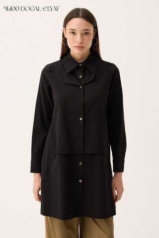 Çift Yaka Keten Gömlek Siyah - 1