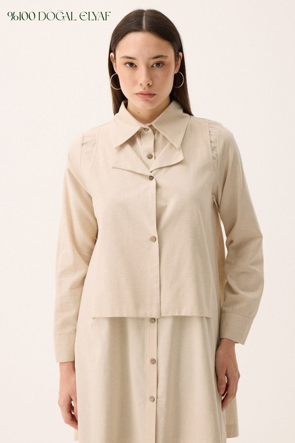 Çift Yaka Keten Gömlek Taş 