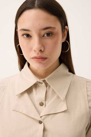 Çift Yaka Keten Gömlek Taş - 5