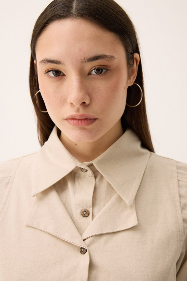 Çift Yaka Keten Gömlek Taş - 5