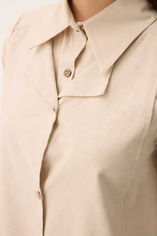 Çift Yaka Keten Gömlek Taş - 7