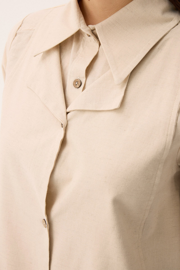 Çift Yaka Keten Gömlek Taş - 7