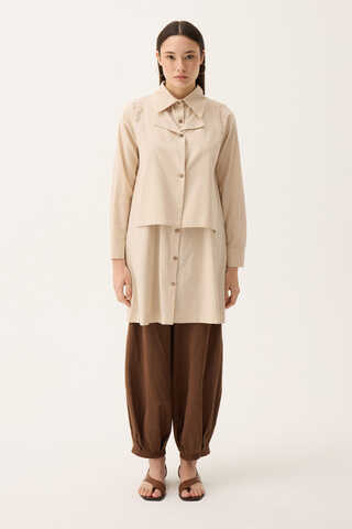 Çift Yaka Keten Gömlek Taş - 2