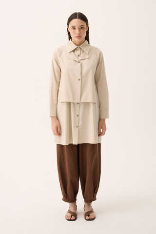 Çift Yaka Keten Gömlek Taş - 4